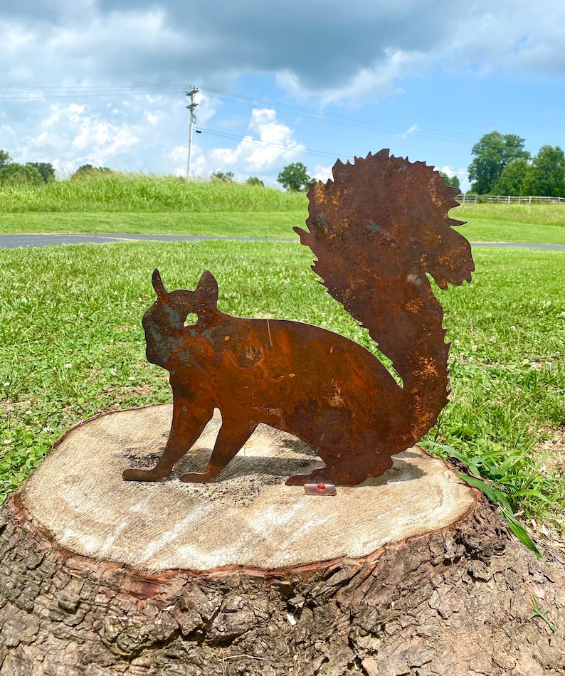 Rustic Metal Squirrel with Brackets- Tree Stump Art- Mailbox Decor- Outdoor Animal Yard Decoration- Summer Woodland Creatures Plasma Art image 1