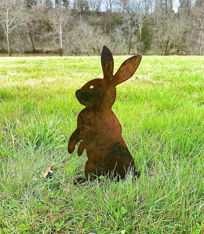 Rustic Metal Standing Rabbit Yard Art With Stake Steel Etsy