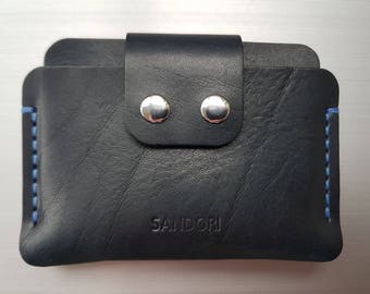 Sandori Mini Portemonnaie, Geldbörse, Brieftasche, echtes, glattes italienisches Leder, schwarz mit blauer Kontrastnaht, Handarbeit