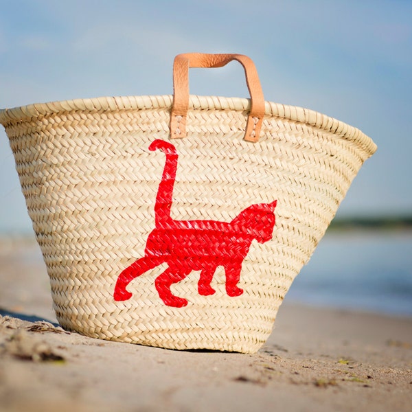 Sandori Ibiza Bag Basket Bag Beach Bag Motif 'Cat' rojo rubí de hoja de palma Hecho a mano con asas de cuero genuino y asas de cuero genuino