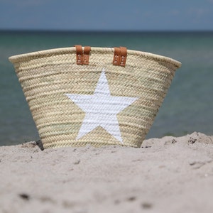 Sandori Ibiza bag basket bag beach bag motif star white made of palm leaf handmade with genuine leather handles and genuine leather handles