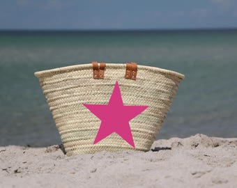 Sandori Ibiza Tasche Korbtasche Strandtasche Motiv Stern magenta pink aus Palmblatt Handarbeit mit Echtledergriffen und Echtlederhenkeln