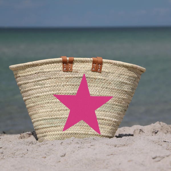 Sandori Ibiza Tasche Korbtasche Strandtasche Motiv Stern magenta pink aus Palmblatt Handarbeit mit Echtledergriffen und Echtlederhenkeln