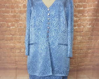 1980s Frank Usher blue cocktail skirt suit UK size 18, two piece skirt and jacket style blouse.