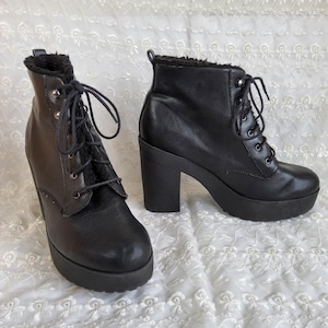 Vintage New Look zwarte dikke enkellaarzen met veters, UK-maat 6, 39