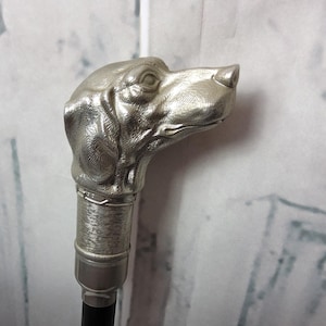Vintage silver metal dog handle black cane, Walking stick.