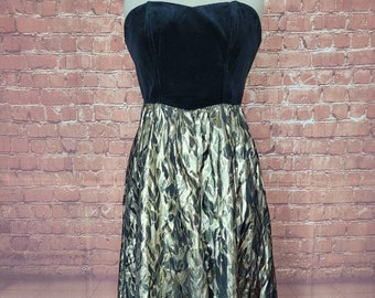 1980s Principles Black velvet boned bodice with gold and black skirt  strapless cocktail dress Size 12 (which is size 8 today)