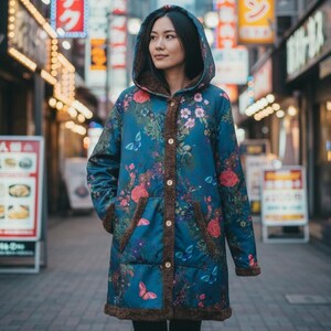 Puede incluir: Un abrigo color turquesa con estampado floral y de mariposas y capucha. El abrigo tiene ribete de piel sintética marrón y bolsillos grandes. La mujer está de pie en una calle de ladrillos frente a letreros de neón.