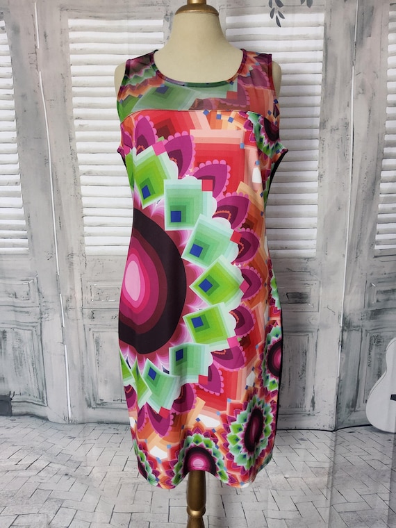 Colourful Desigual Avant-garde knee length wiggle dress. Size Large