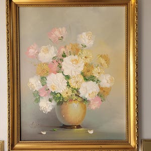 Vintage Contemporary Floral Still Life Oil on Canvas framed painting, signed Austin