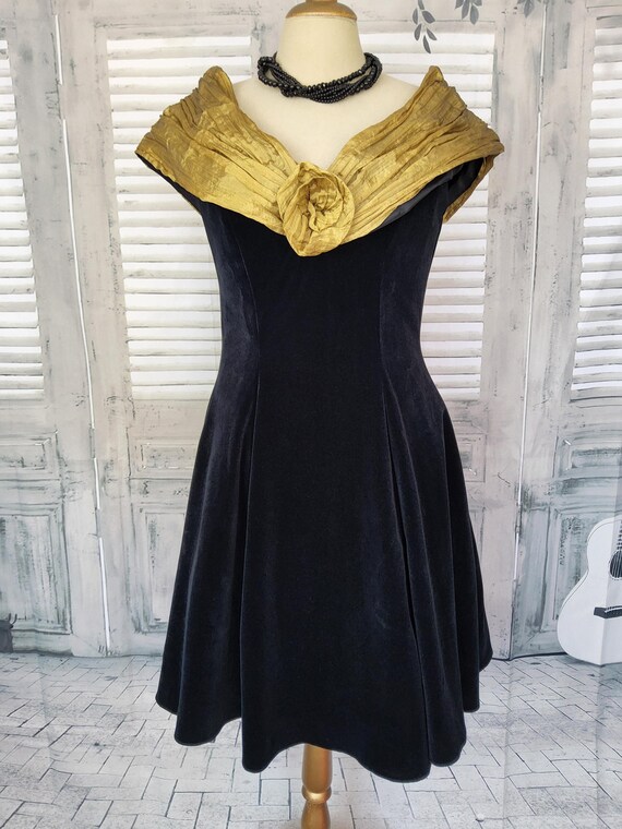 1980s BHS Cocktail Dress, Black Velvet With Gold UK Size