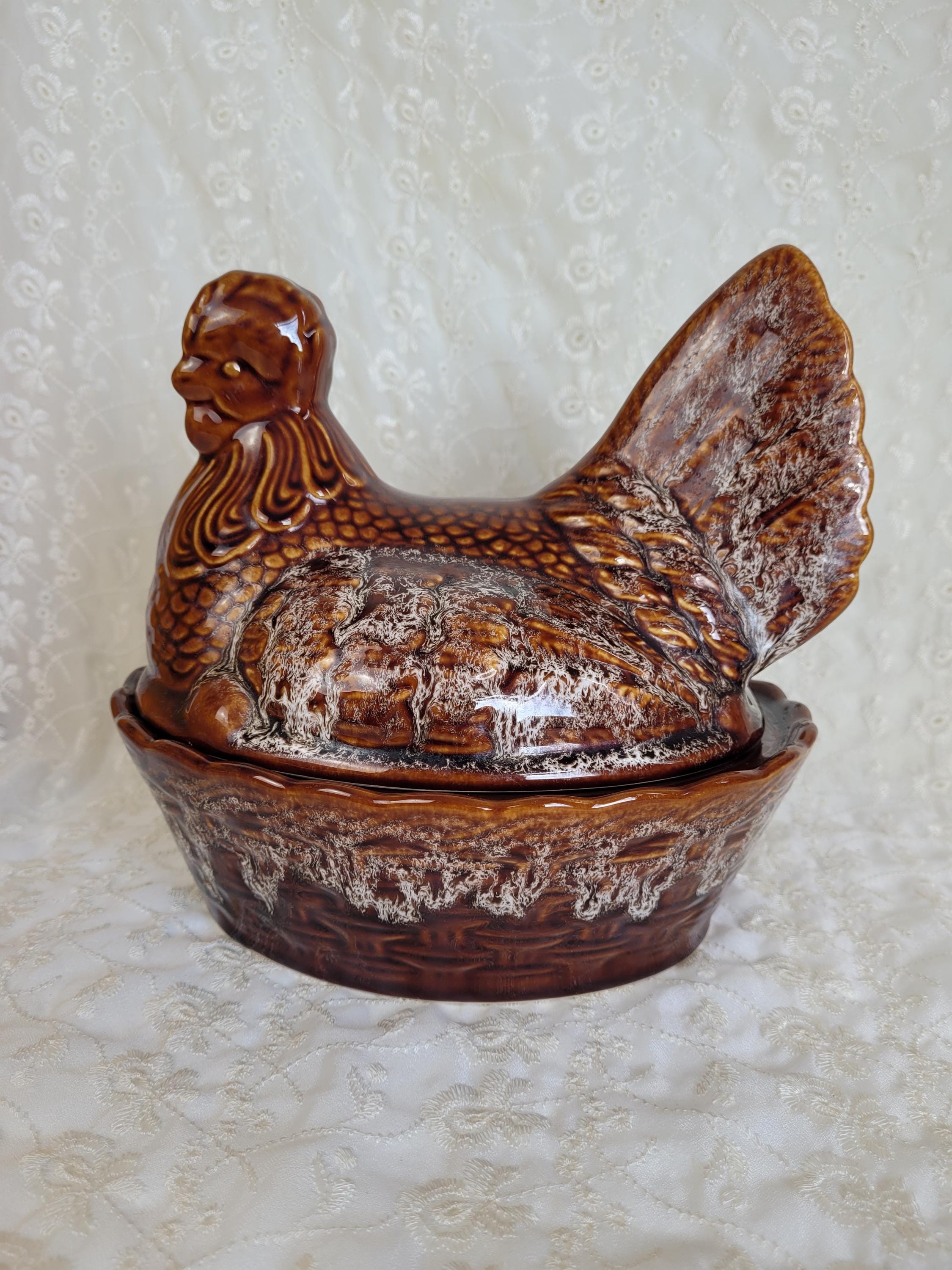 1980s Kernewek Pottery Cornwall England Brown Speckled Hen on Nest