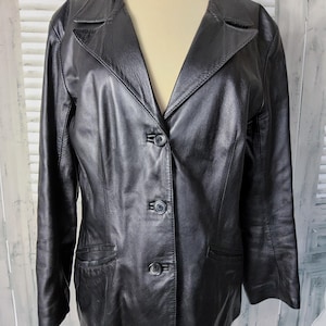 Veste blazer NBC vintage pour femme en cuir souple noir.  Taille britannique 14