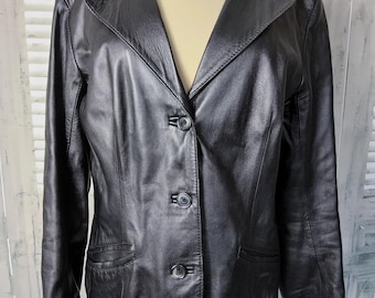 Vintage NBC black soft leather ladies Blazer Jacket.  UK size 14