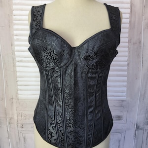 Vintage Black satin boned Brocade Corset Top UK size 8.