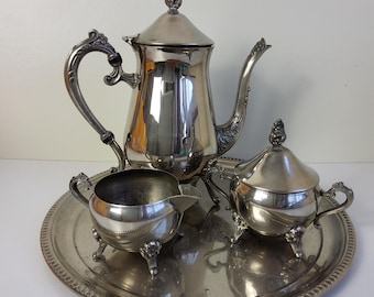 1960s Art Nouveau Coffee Set, Silver plate Coffee Pot with matching sugar bowl, creamer and tray. 4 piece set.