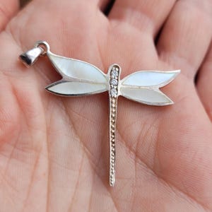 Vintage 90s Dragonfly solid sterling silver pendant with Mother of Pearl wings and Cubic Zirconia stone body.