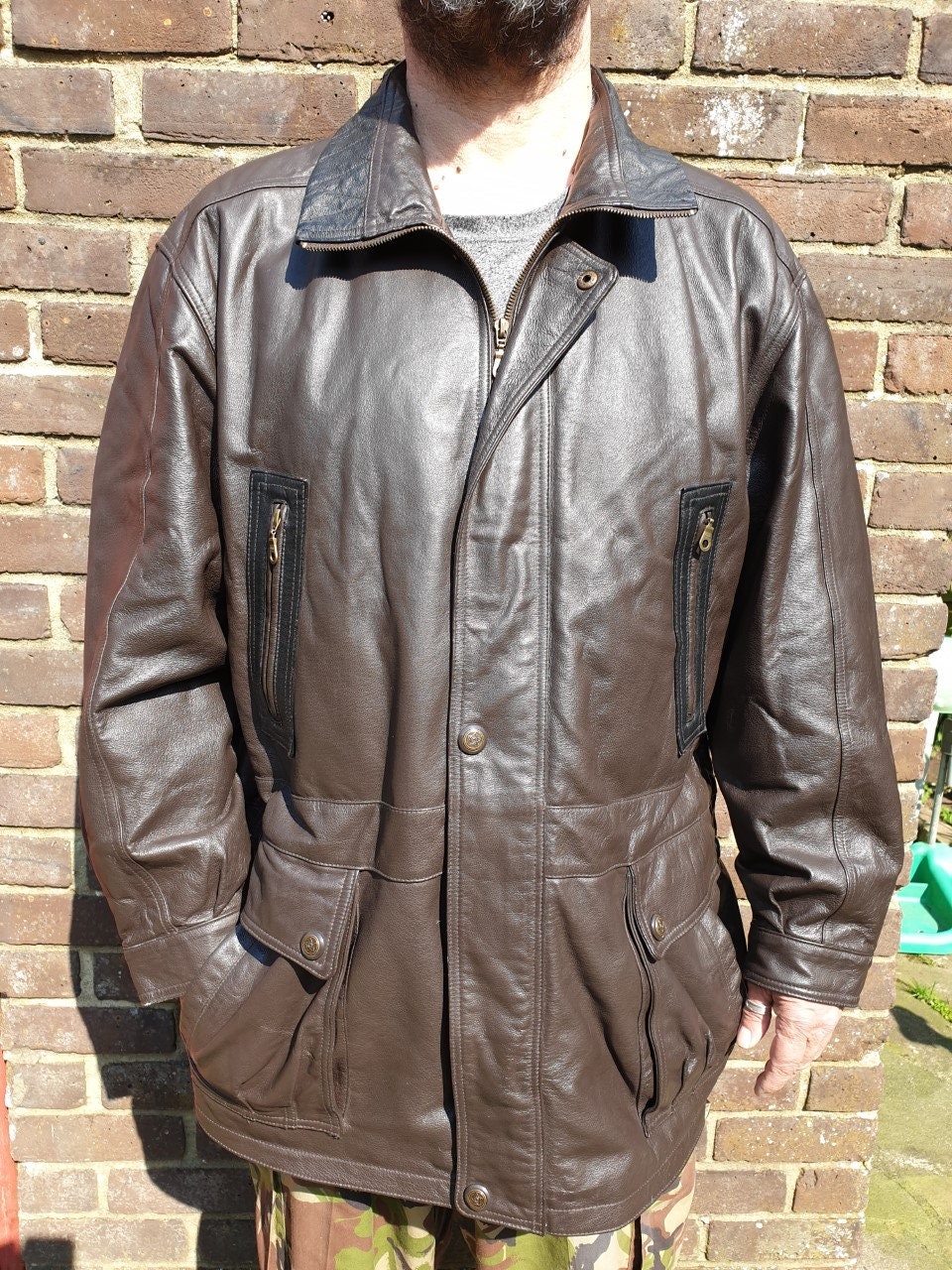 Leather Jacket, JCC Men's Brown and Black Vintage Leather Jacket. Size Xxl. Size 44\
