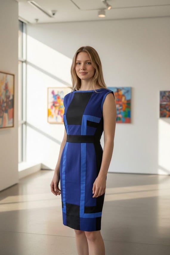 Vintage Designer Karen Millen Blue and Black Wiggle Dress. UK Size 8
