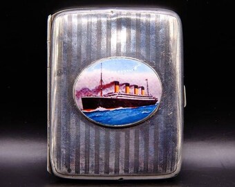 Antique 1918 solid sterling silver enamel Titanic Ship rolled cigarette case.