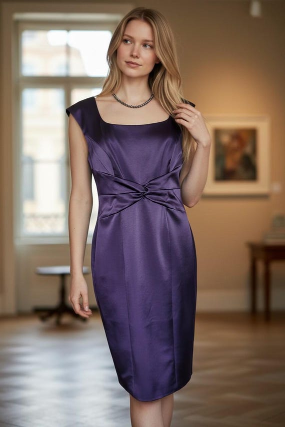 knee length wiggle dress Laura Ashley purple satin Dress. UK size 14, USA Size 10 illusion high neck wedding dresses