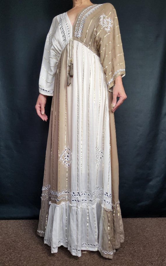 white dress with gold stripes I.B Diffusion Paris and Brown Maxi Length Metallic Stripes. Size Small to Medium party-season