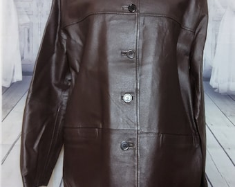 Milan thigh length luxury soft leather dark brown coat. Ladies UK size 18, USA Size 14 vintage genuine leather long Jacket.,