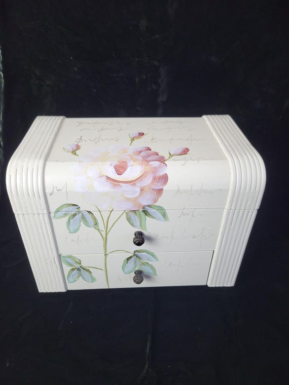 Beautiful large hand painted jewellery chest of drawers.  Trinkets chest, miniature floral drawers.