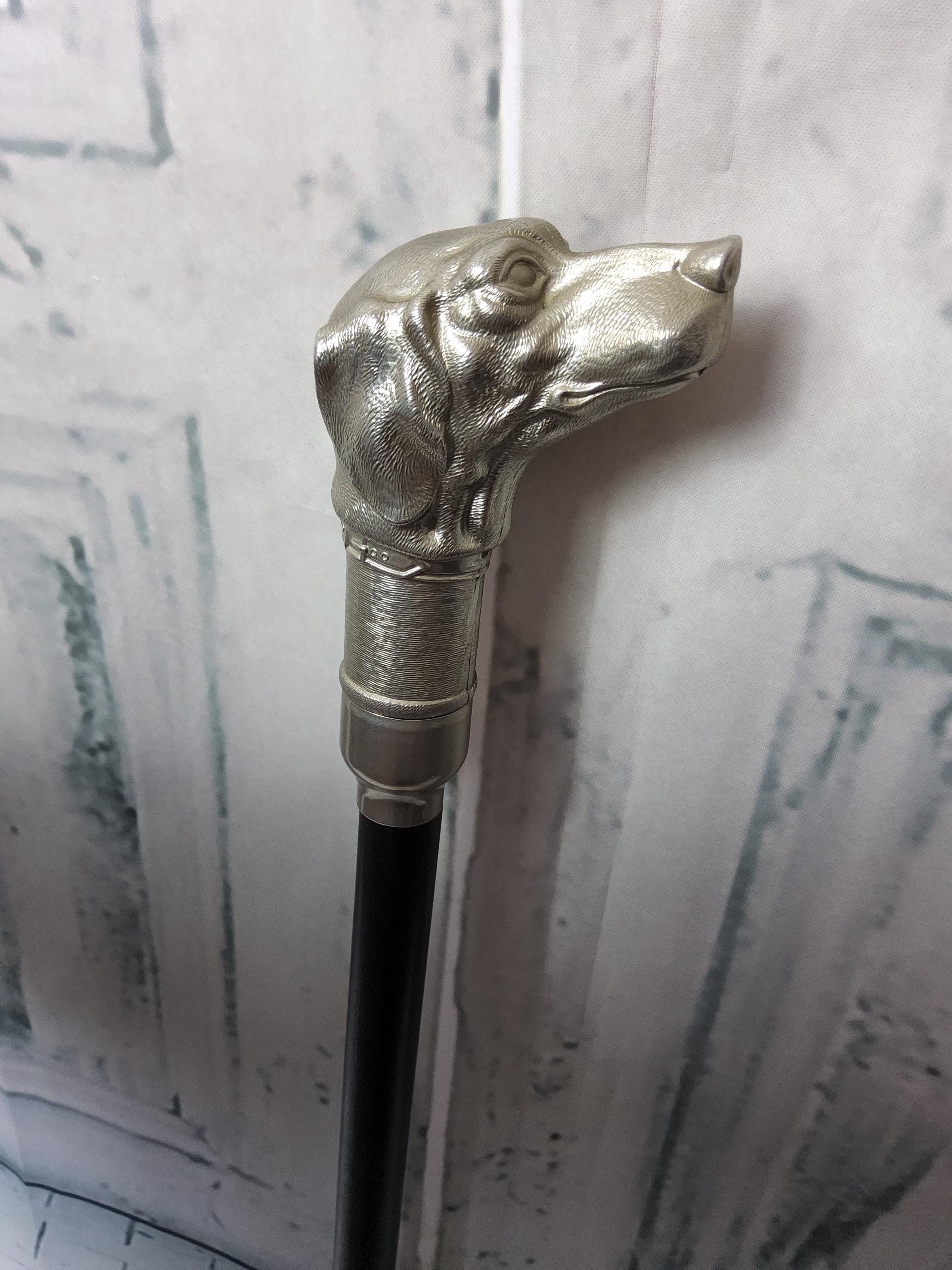 Vintage silver metal dog handle black cane, Walking stick.