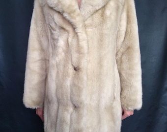 Vintage 1960s Tissavel simulated champagne beige faux fur coat label, UK SIZE 16.