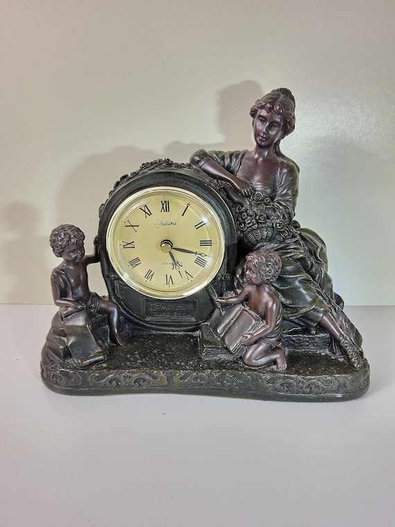 1980s Juliana Quartz Bronze Effect Mantle Clock Featuring Lady and