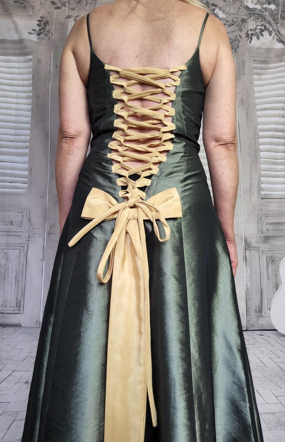 Vintage Staxs Green Satin Corset Gown, Prom Dress. Size XS, UK Size 6 to 8.