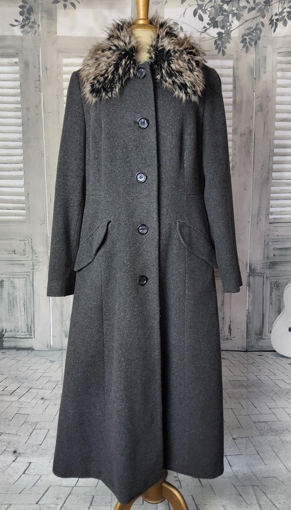 90s Laura Ashley Fit and Flare Long Grey Wool Coat With Faux Fur 