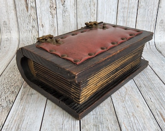 Vintage Gothic wood jewellery box, book shaped with red leather and studs decoration.  Book box, trinket chest.