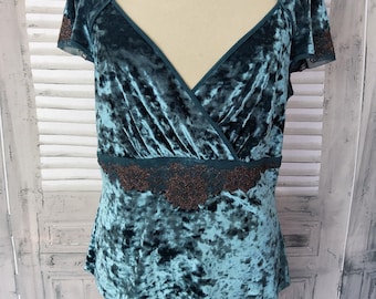 Vintage Next green velvet top with metallic bronze lace embroidery.  UK size 14