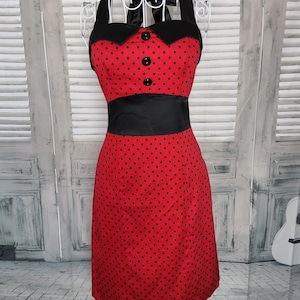 Vintage Heart and Roses 1950s Rockabilly retro red with black polka dots dress. Size Medium, UK size 12.