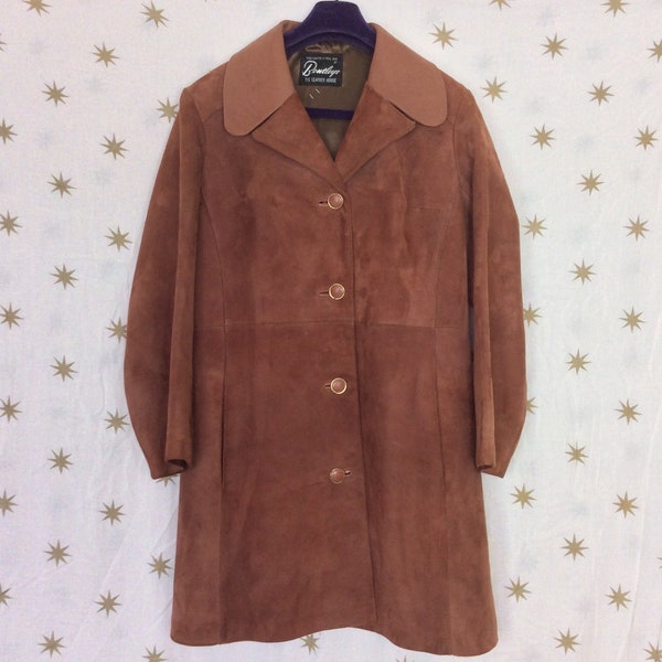 Manteau vintage en daim marron Bentleys longueur genou, taille UK 14