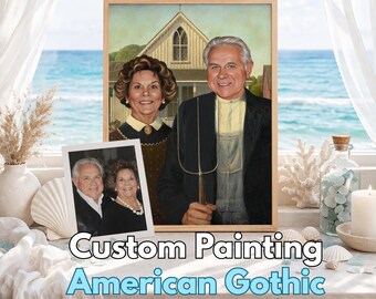 American Gothic Parody Portrait – Custom Funny Couple Painting from Photo, Pitchfork Farmer Gift