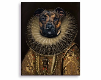 Renaissance Pitbull Painting, Custom Pitbull Portrait in Dress, Dog Art, Gifts for Pet Owner