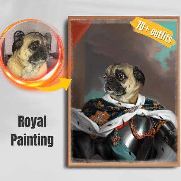Custom Dog Cat Royal Portrait – Military Costume Painting from Photo – Unique Pet Lover Gift for Her Him