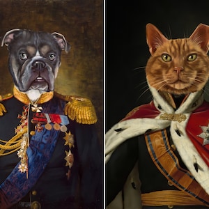 May include: A painting of a dog and a cat dressed in royal attire. The dog is wearing a blue and gold military uniform with a sash and medals. The cat is wearing a red and white robe with a gold crown and a white fur collar.