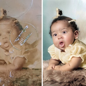Two photos side by side showcase the results of refurbishing a baby photo. In the photo on the left, you can see signs of damage, patterns, cracks, and tears, while the version on the right is clear and free from any damage.