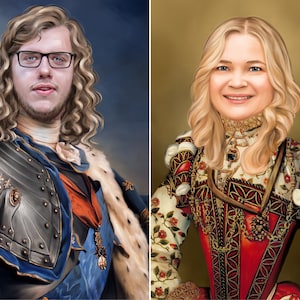 May include: A digital painting of a couple in a royal portrait style. The man is wearing a silver and blue armor with a white fur collar. The woman is wearing a white and red dress with gold jewelry and a white fur collar.