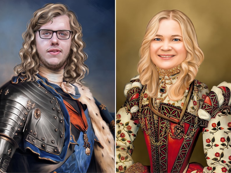 May include: A digital painting of a couple in a royal portrait style. The man is wearing a silver and blue armor with a white fur collar. The woman is wearing a white and red dress with gold jewelry and a white fur collar.