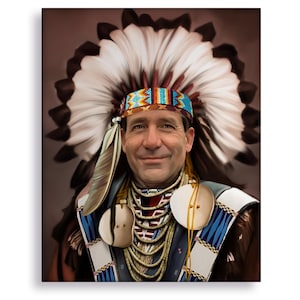 May include: A portrait of a person wearing a traditional Native American headdress with feathers, a beaded necklace, and a colourful headband. The person is smiling and looking directly at the viewer.