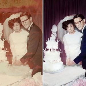 A restored image featuring a couple dressed in elegant wedding attire.