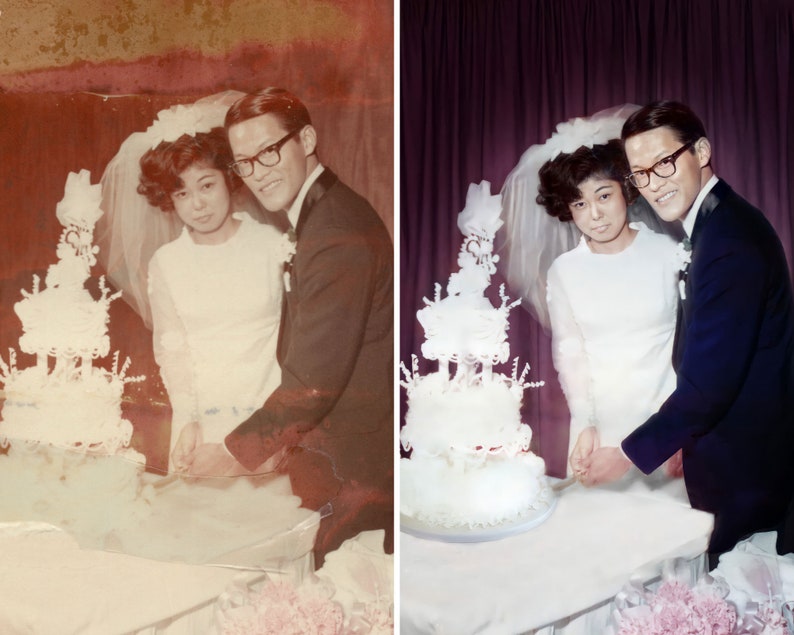 A restored image featuring a couple dressed in elegant wedding attire.