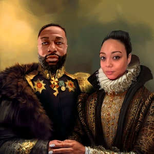 May include: A painting of a couple dressed in regal attire. The man is wearing a black and gold military uniform with a fur collar. The woman is wearing a black and gold gown with a white lace collar. The painting is set against a gold and green background.