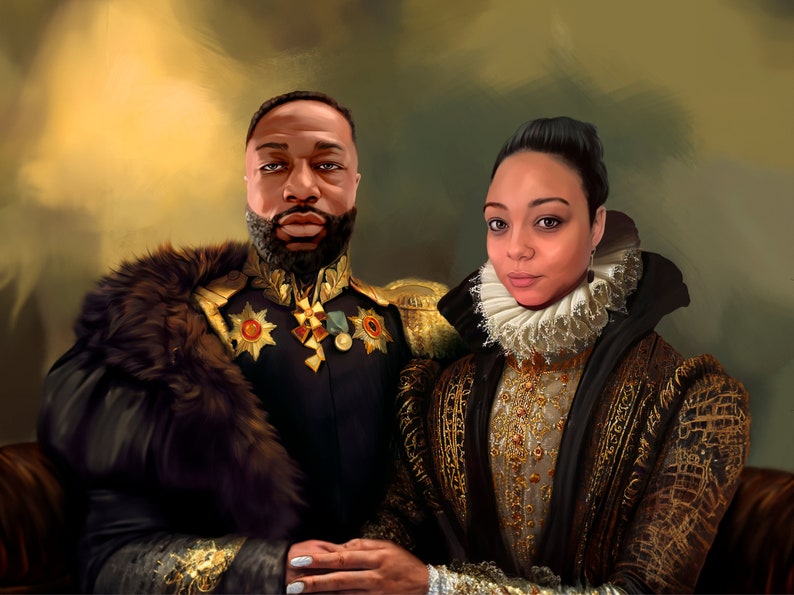 May include: A painting of a couple dressed in regal attire. The man is wearing a black and gold military uniform with a fur collar. The woman is wearing a black and gold gown with a white lace collar. The painting is set against a gold and green background.