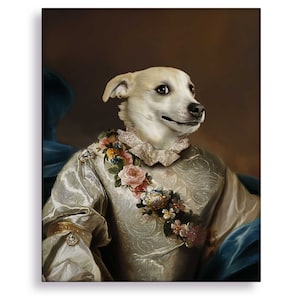 May include: A white dog wearing a white and gold embroidered jacket with a floral garland around its neck. The dog is posed in a portrait style with a brown background.